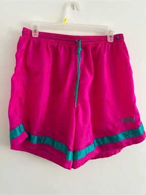 Vintage Mitre Hot Pink Athletic Shorts with Teal Trim